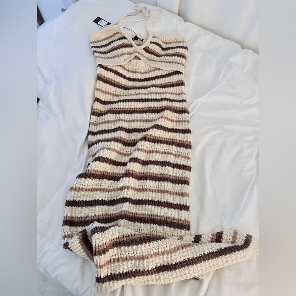Fashion nova Brown and Cream Knitted and knotted crochet halter Midi Dress - Picture 8 of 10